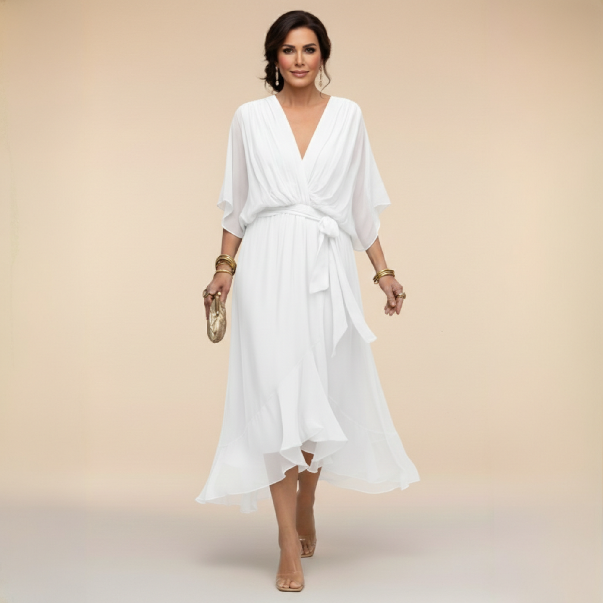 Long Chiffon Dress with Batwing Sleeves for Women