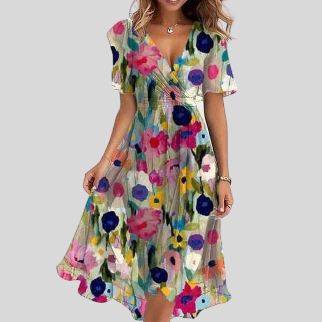 Flared Midi Dress with V-Neck for Women