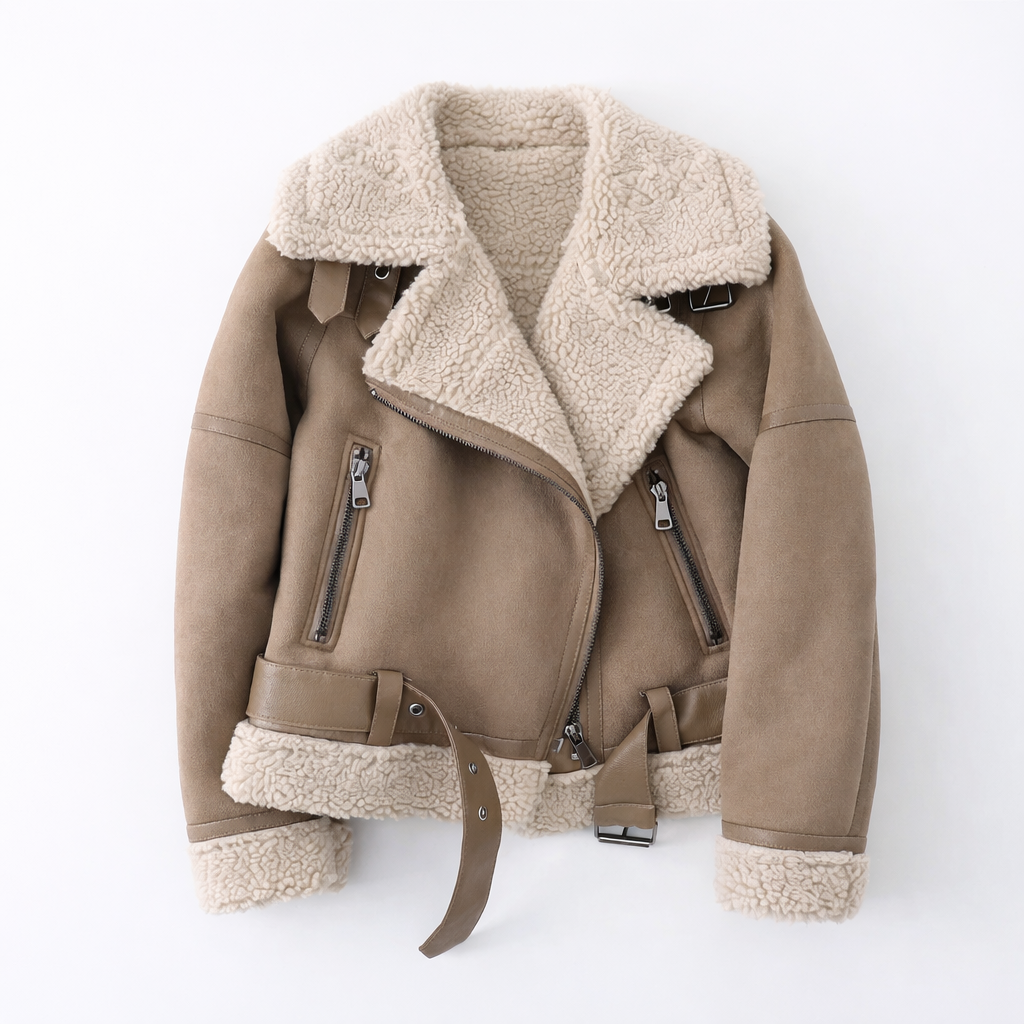 Women's Loose-Fit Suede Aviator Jacket with Belt