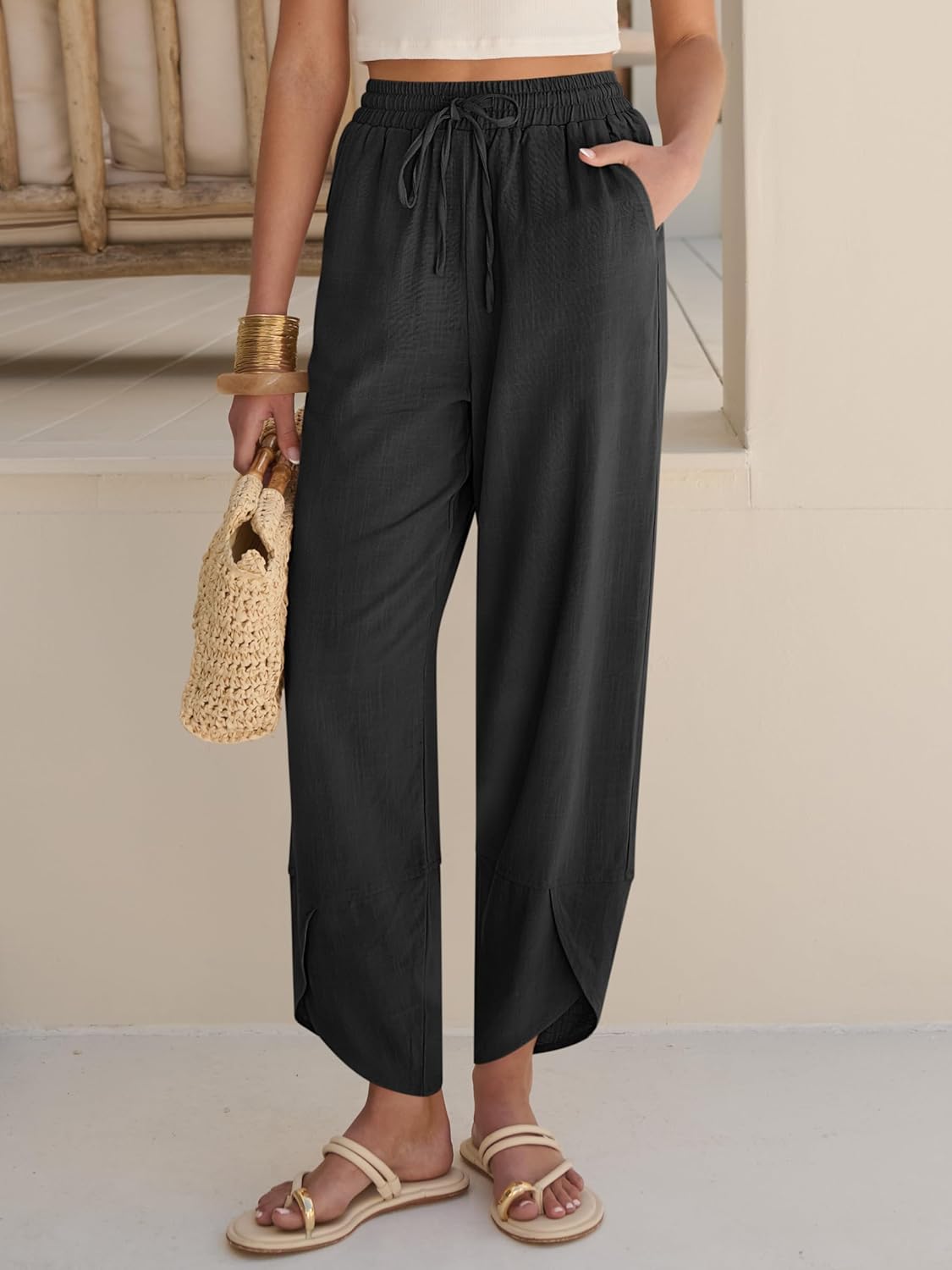 High Waist Flowing Pants with Elastic Waist for Women