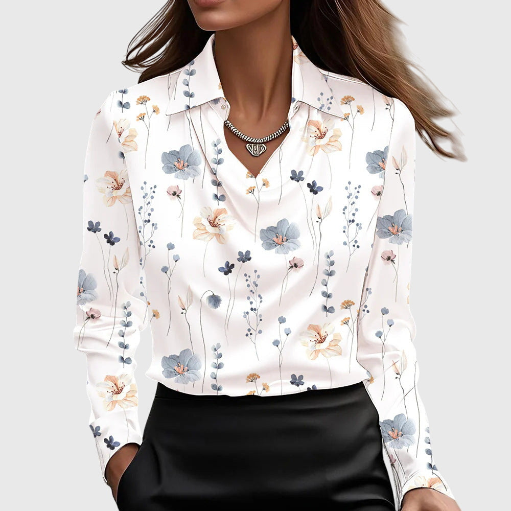 Classic Collar Satin Blouse with Draped Neckline for Women | Ideal for the Office