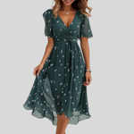 Flared Midi Dress with V-Neck for Women