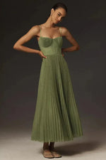 Pleated Midi Dress with Straps for Women | Perfect for Evening Events