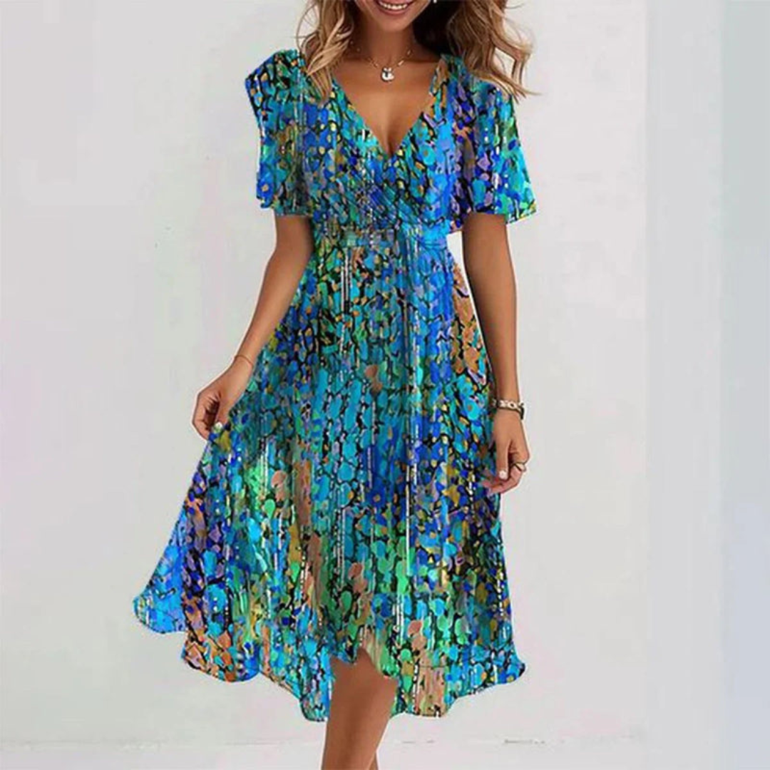 Flared Midi Dress with V-Neck for Women