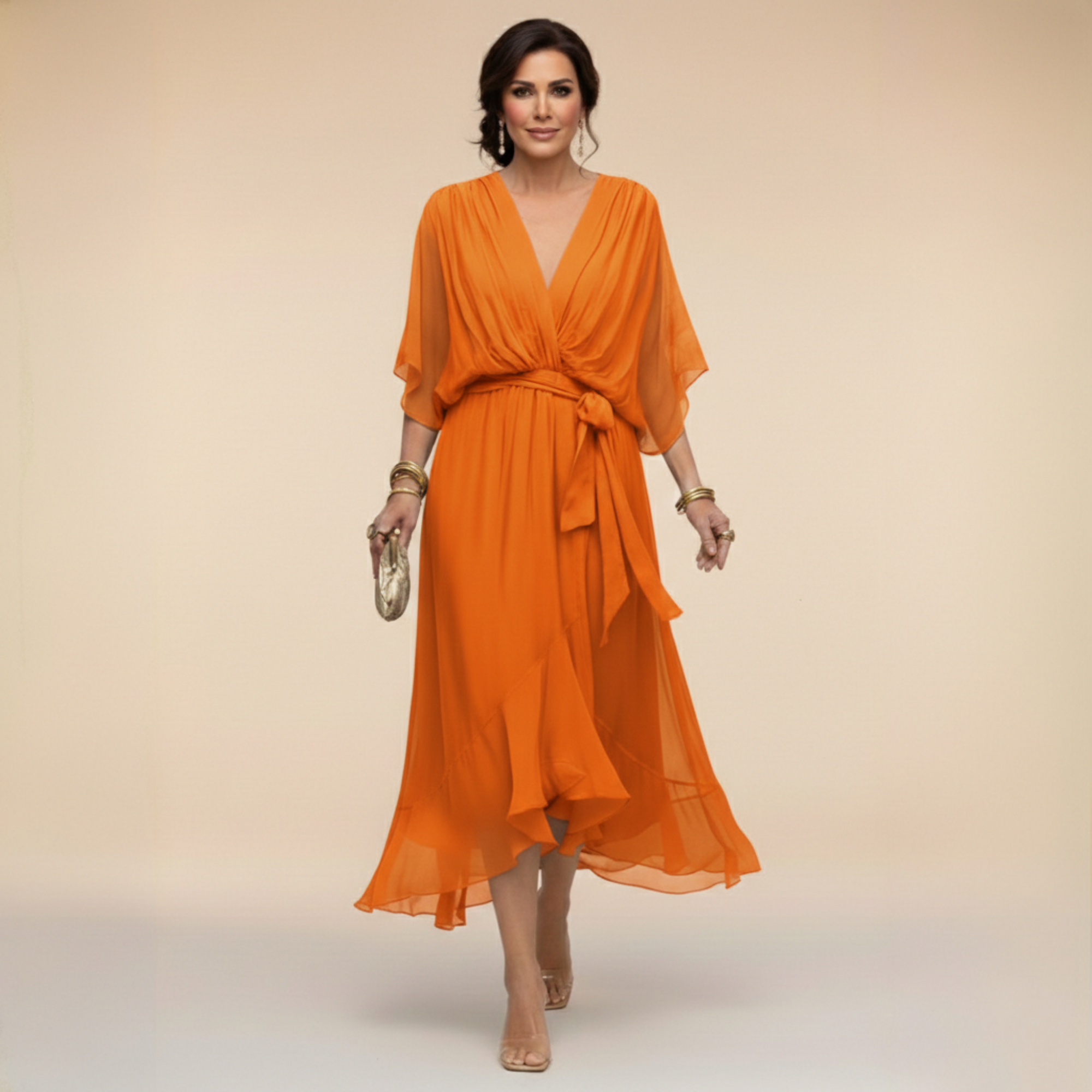 Long Chiffon Dress with Batwing Sleeves for Women