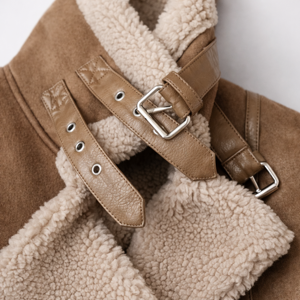 Women's Loose-Fit Suede Aviator Jacket with Belt