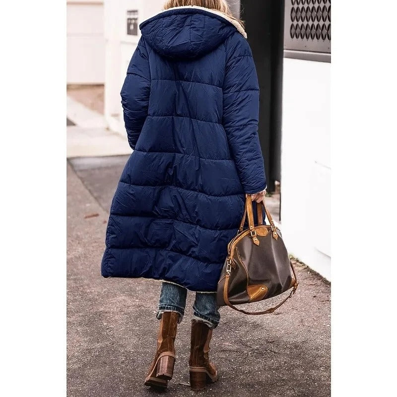 Long Hooded Down Jacket with Sherpa Lining for Women