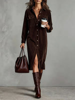 Straight Midi Shirt Dress with Long Sleeves in Corduroy for Women