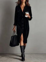 Straight Midi Shirt Dress with Long Sleeves in Corduroy for Women
