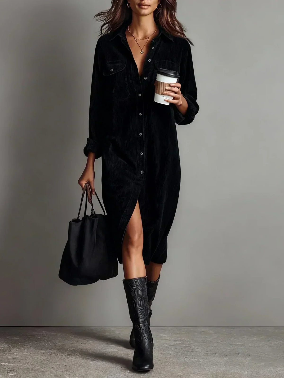 Straight Midi Shirt Dress with Long Sleeves in Corduroy for Women