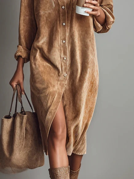 Straight Midi Shirt Dress with Long Sleeves in Corduroy for Women