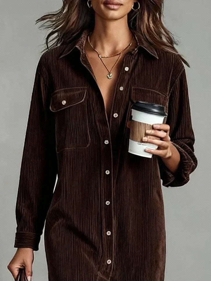 Straight Midi Shirt Dress with Long Sleeves in Corduroy for Women