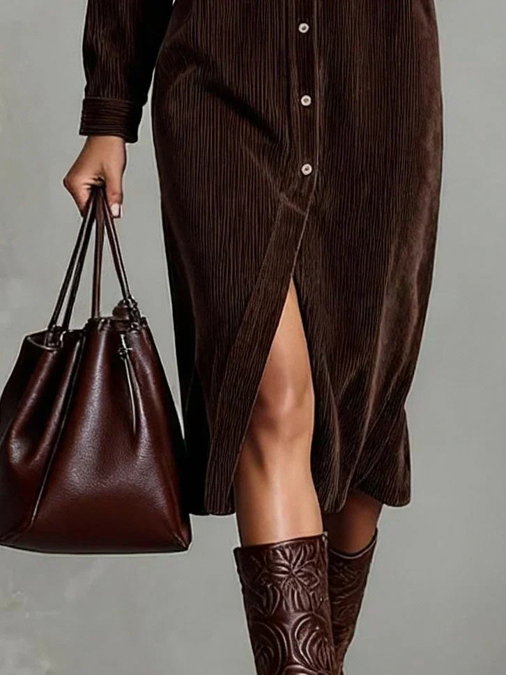 Straight Midi Shirt Dress with Long Sleeves in Corduroy for Women