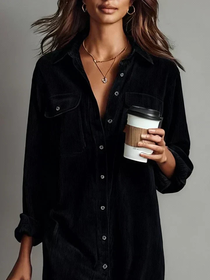 Straight Midi Shirt Dress with Long Sleeves in Corduroy for Women