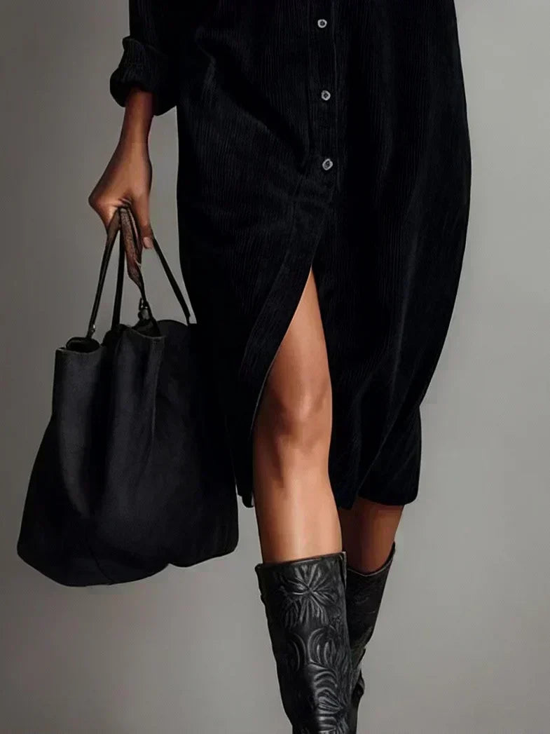 Straight Midi Shirt Dress with Long Sleeves in Corduroy for Women
