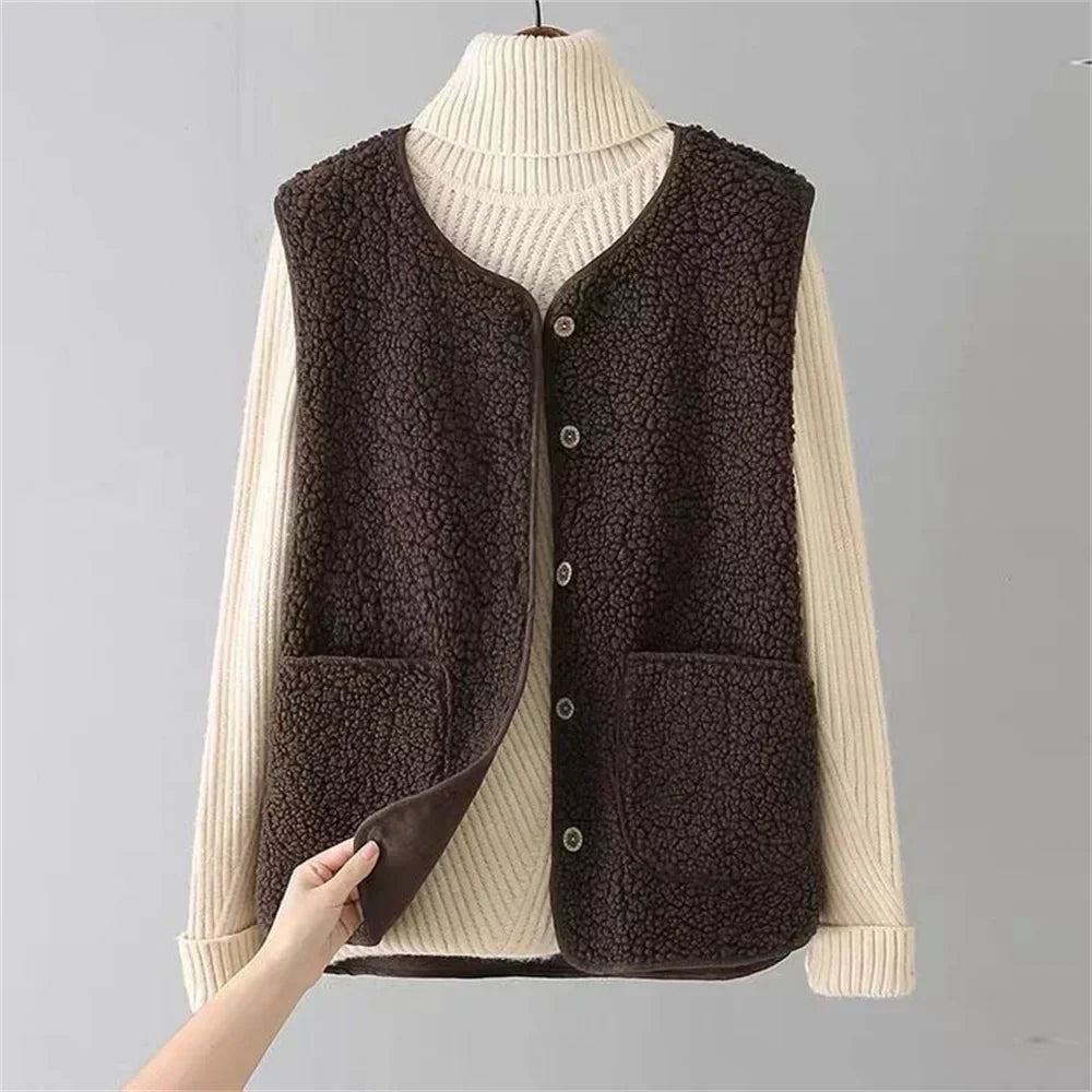 Sherpa Fleece Sleeveless Vest with Sheepskin Effect for Women