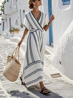 Long Dress with V-Neck and Short Sleeves for Women