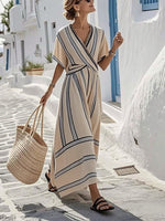 Long Dress with V-Neck and Short Sleeves for Women