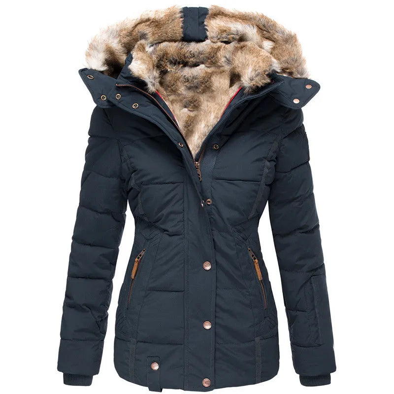 Short Puffer Jacket with Hood and Synthetic Fur for Women