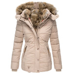 Short Puffer Jacket with Hood and Synthetic Fur for Women