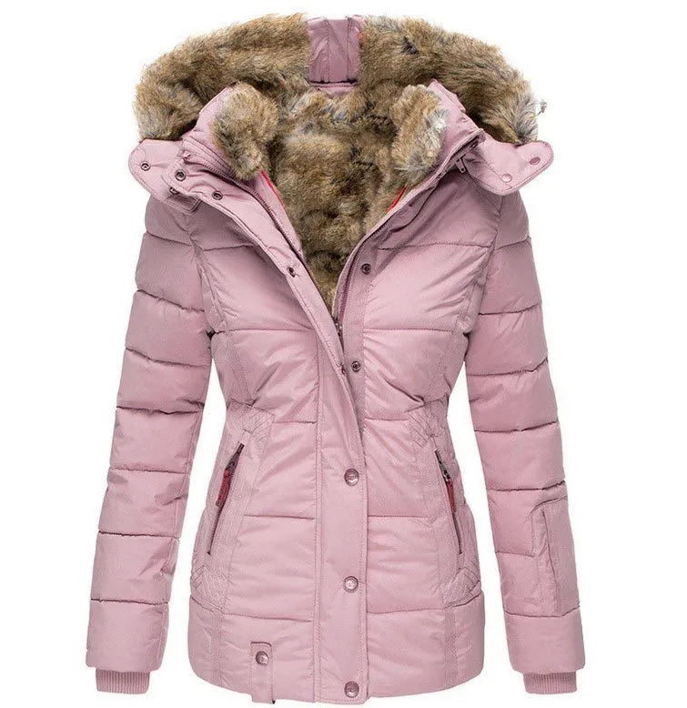 Short Puffer Jacket with Hood and Synthetic Fur for Women