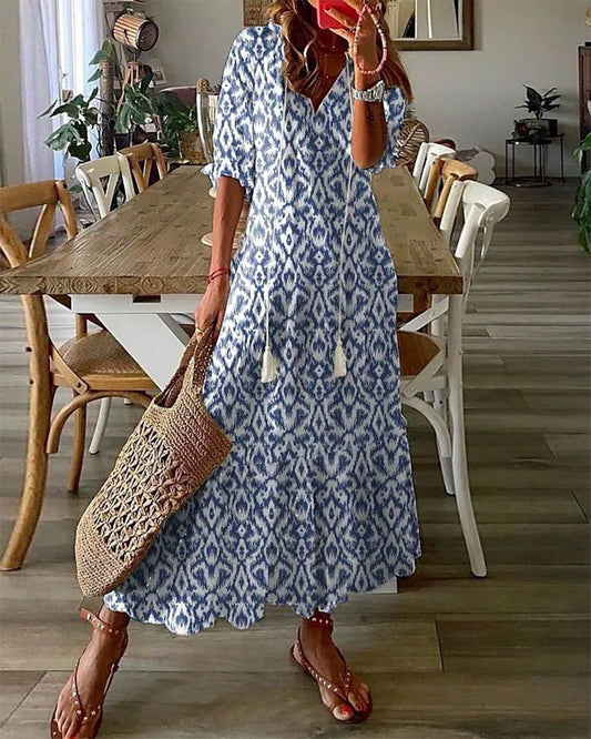 Long Dress with Geometric Print and Lantern Sleeves for Women