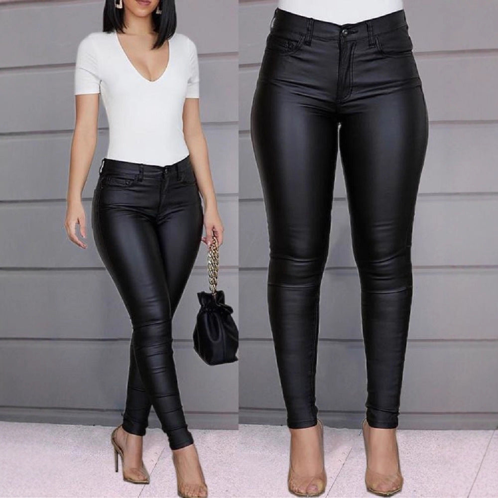High-Waisted Slim Fit Faux Leather Pants for Women