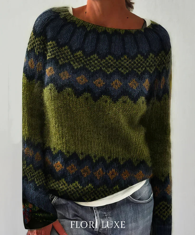 Oversized Jacquard Sweater with Round Neck and Long Sleeves for Women