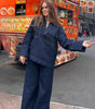 Wide and Long Denim Pants with Exposed Seams for Women