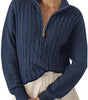 Chunky Knit Twisted Sweater with High Neck and Half Zip for Women