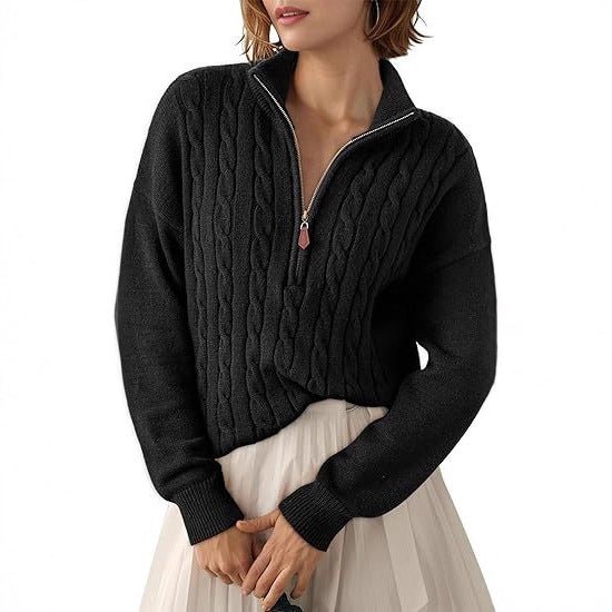 Chunky Knit Twisted Sweater with High Neck and Half Zip for Women