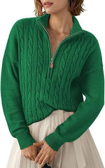 Chunky Knit Twisted Sweater with High Neck and Half Zip for Women