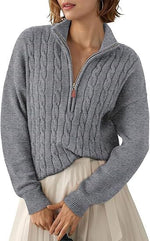 Chunky Knit Twisted Sweater with High Neck and Half Zip for Women