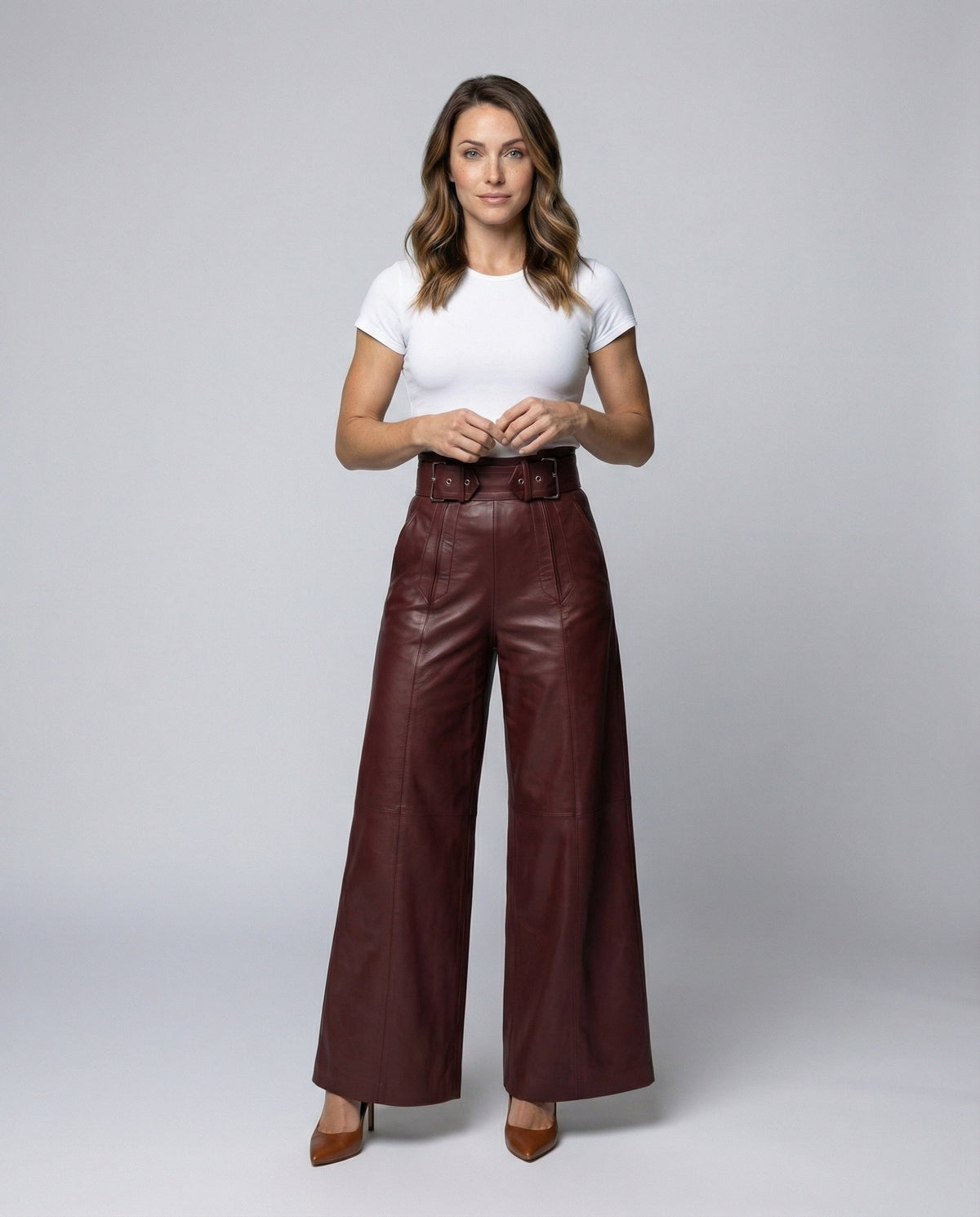 High-Waisted Wide-Leg Faux Leather Pants with Belt for Women