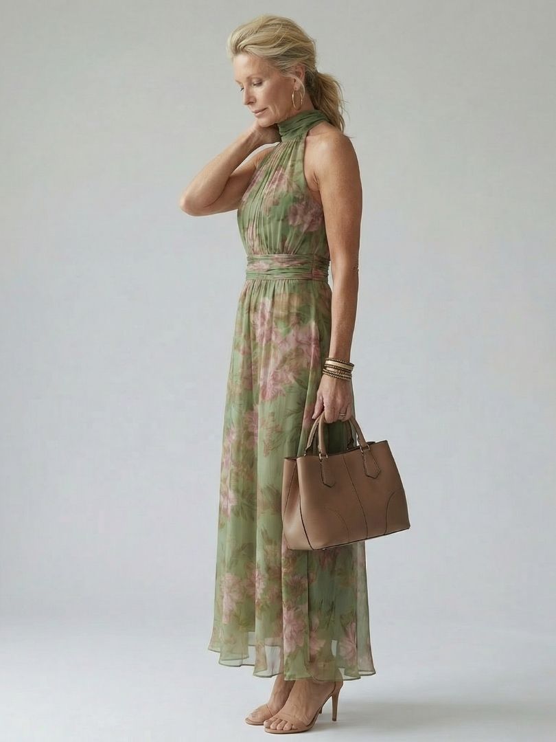 Midi Dress with Fitted Waist and Halter Neck for Women