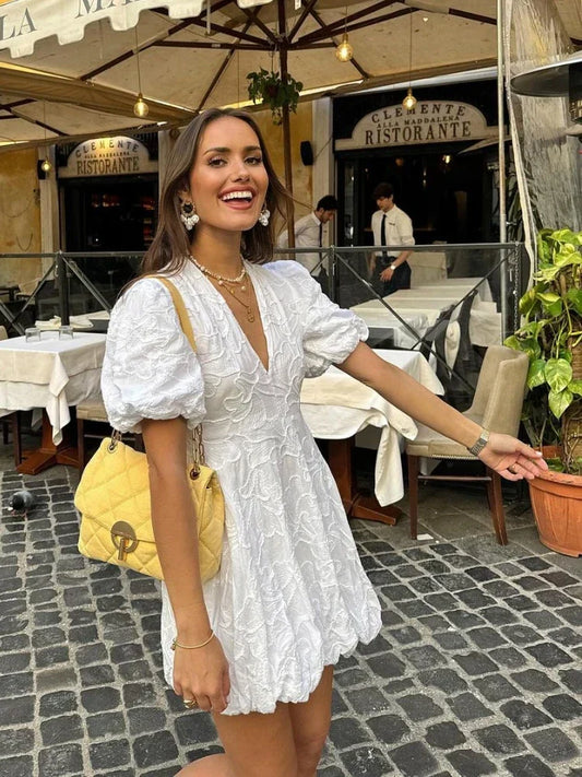 Short Cotton Embroidered Dress with Puff Sleeves for Women