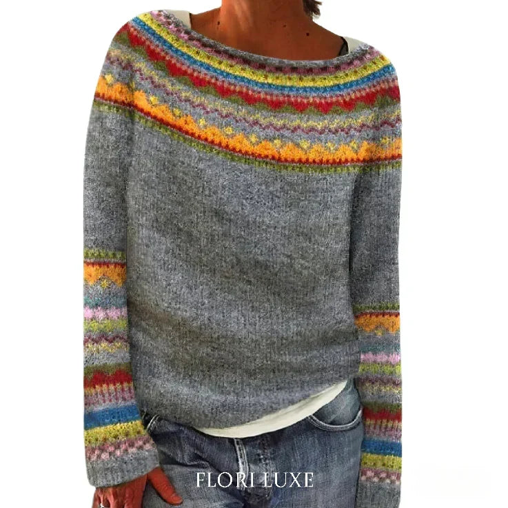 Oversized Jacquard Sweater with Round Neck and Long Sleeves for Women