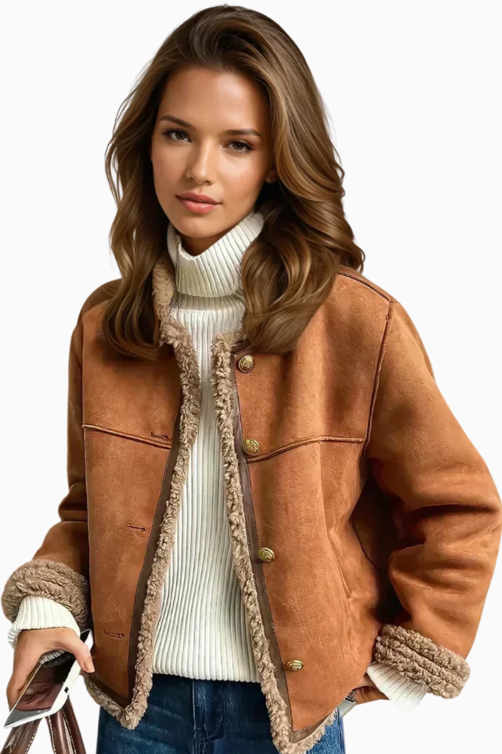 Structured Short Suede Jacket with Shearling Trim for Women