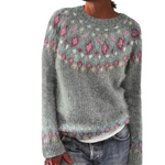 Oversized Jacquard Sweater with Round Neck and Long Sleeves for Women