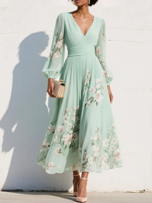 Pleated Midi Dress with Floral Print and V-Neck for Women