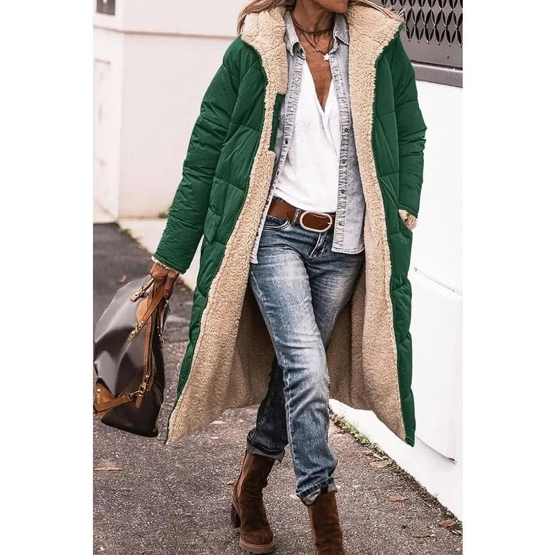 Long Hooded Down Jacket with Sherpa Lining for Women