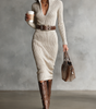 Fitted Midi Dress with Long Sleeves and V-Neck in Ribbed Knit