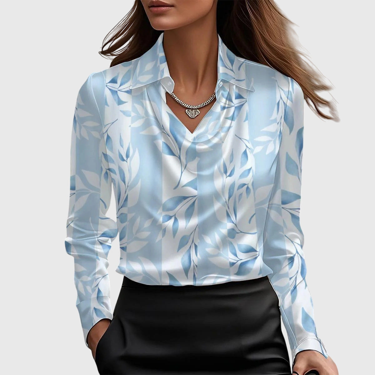 Classic Collar Satin Blouse with Draped Neckline for Women | Ideal for the Office