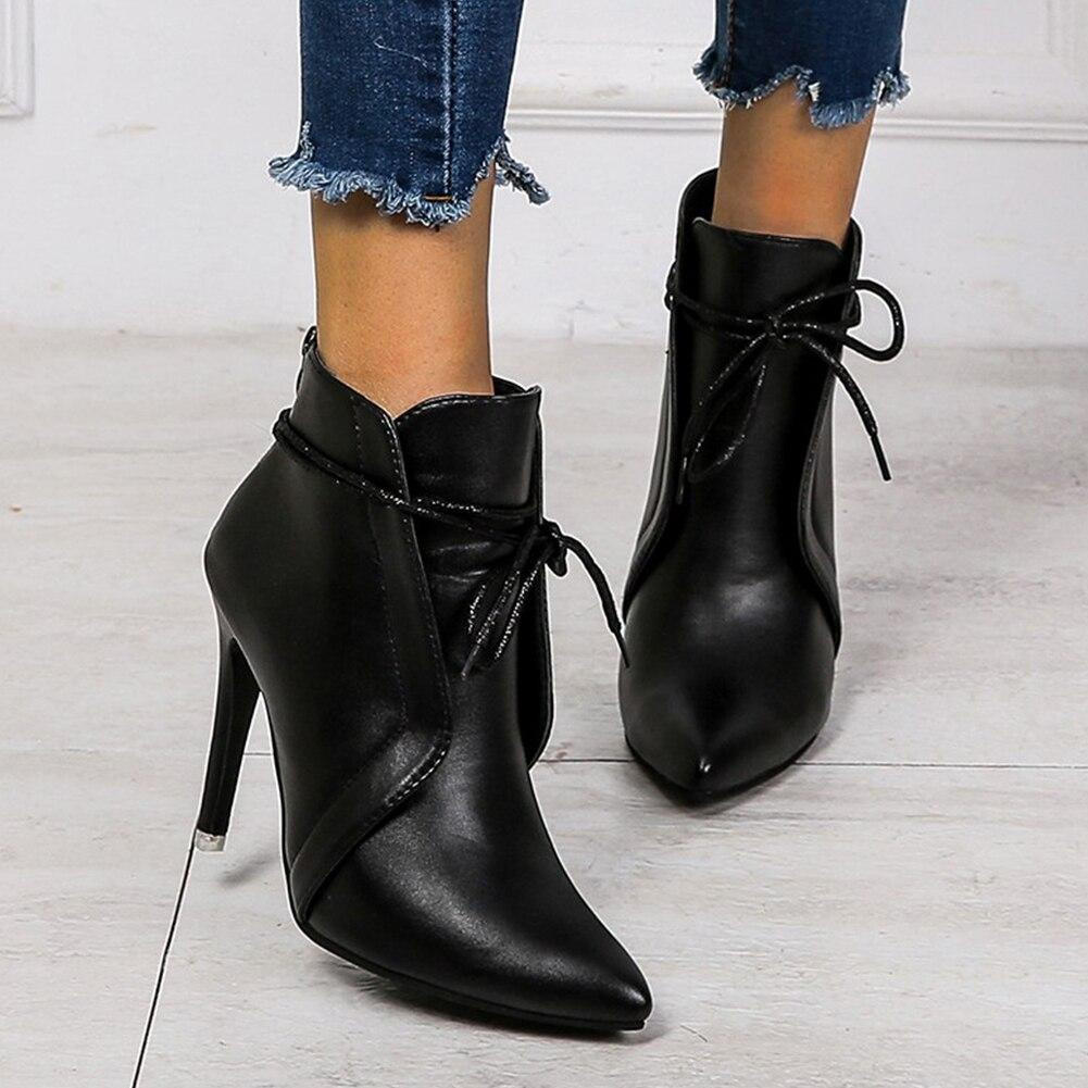 Pointed Toe Stiletto Heel Ankle Boots in Faux Leather for Women