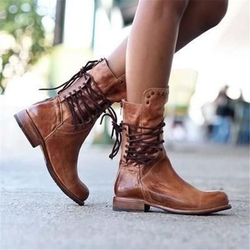 Lace-Up Ankle Boots with Faux Leather Heel for Women