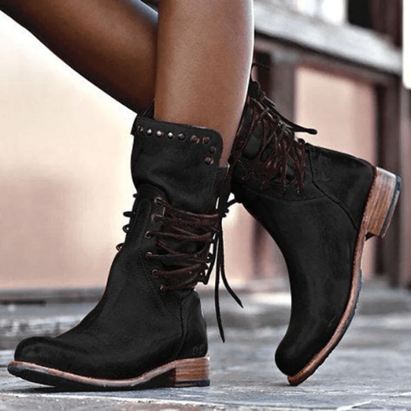 Lace-Up Ankle Boots with Faux Leather Heel for Women