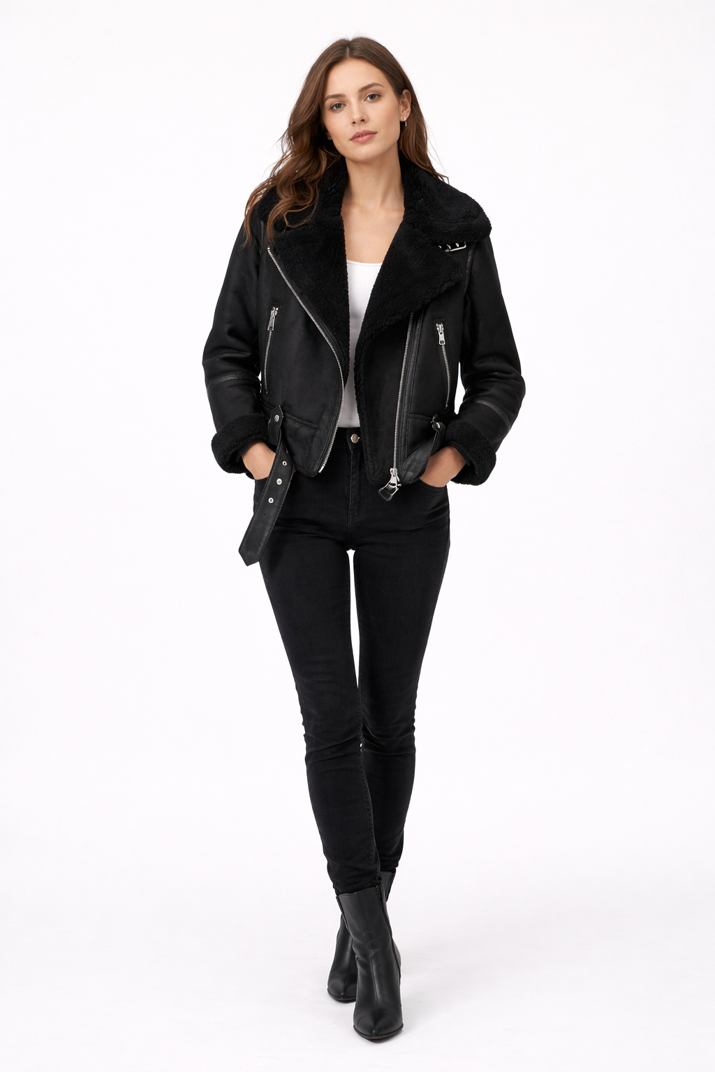 Women's Loose-Fit Suede Aviator Jacket with Belt