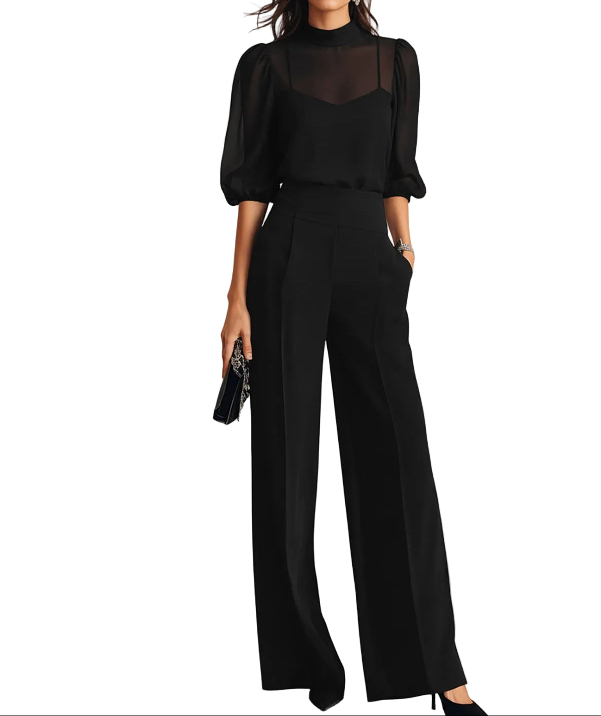 Three-Piece Set with Sheer Blouse and Wide-Leg Pants for Women | Ideal for Banquets