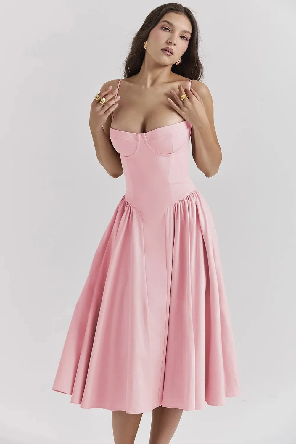 Fitted and Pleated Midi Dress with Straps for Women | Perfect for Going Out