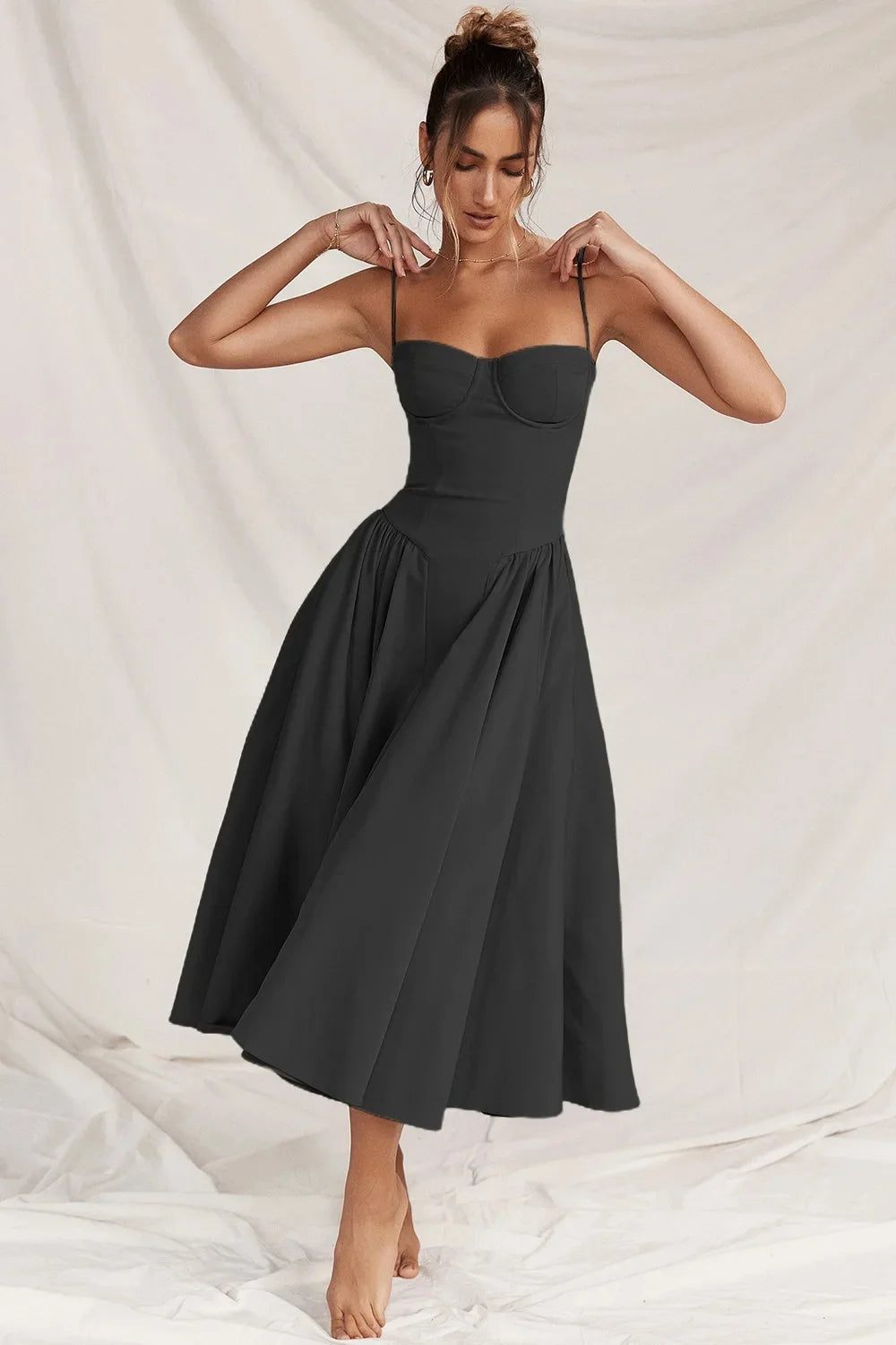 Fitted and Pleated Midi Dress with Straps for Women | Perfect for Going Out